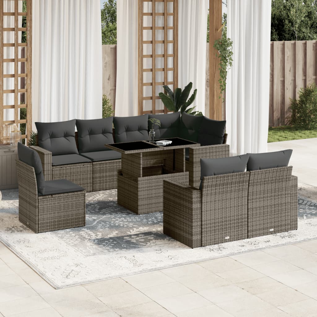 9-tlg. Garten-Sofagarnitur mit Kissen Grau Poly Rattan