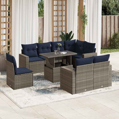 9-teiliges Gartensofa-Set mit Kissen, grau, Polyrattan