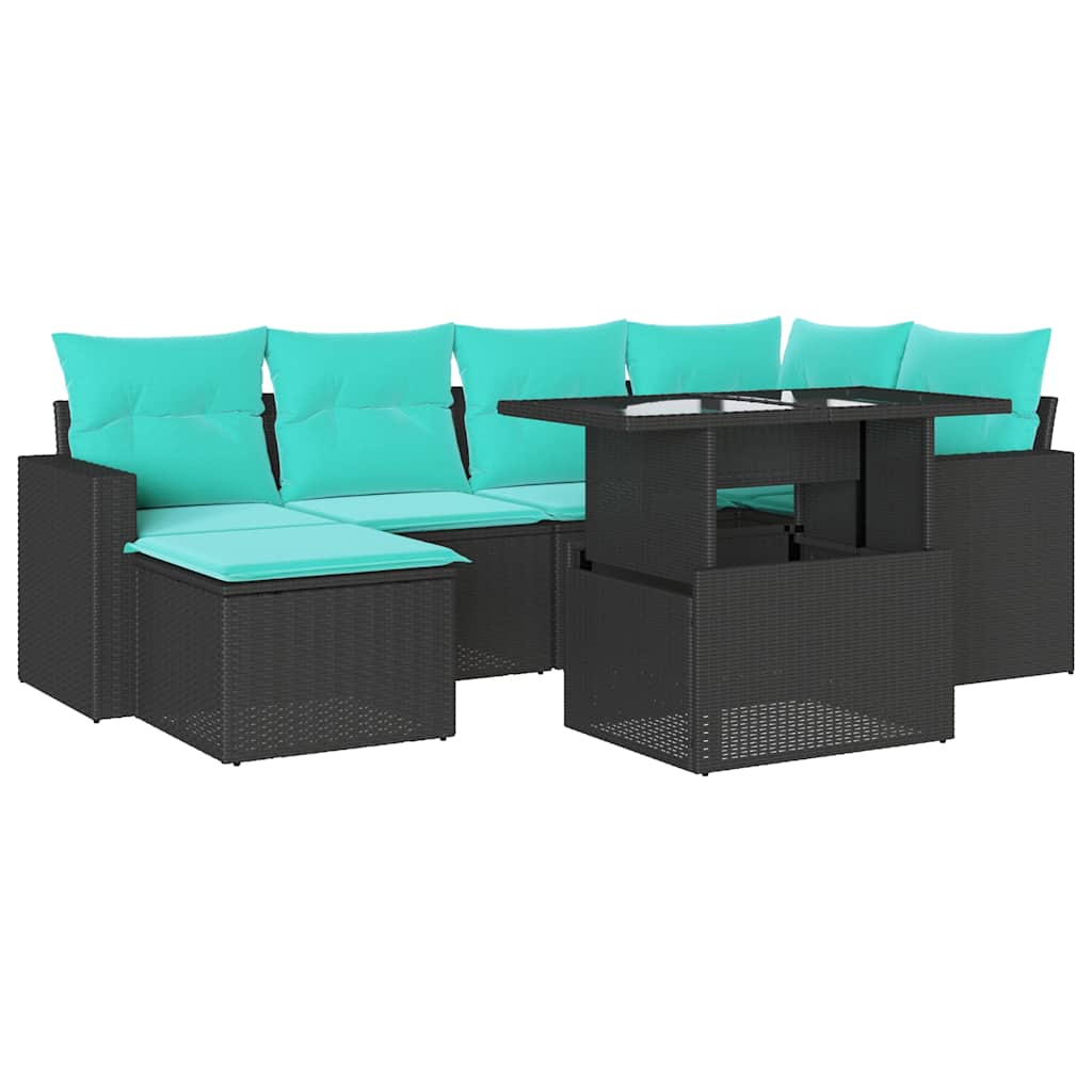 7-teiliges Gartensofa-Set mit Kissen, schwarzes Polyrattan