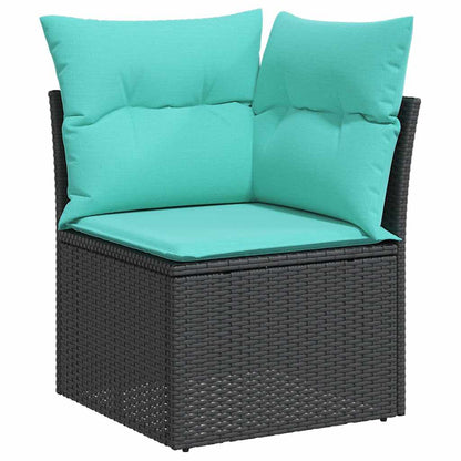 7-teiliges Gartensofa-Set mit Kissen, schwarzes Polyrattan