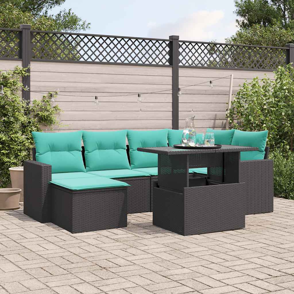 7-teiliges Gartensofa-Set mit Kissen, schwarzes Polyrattan