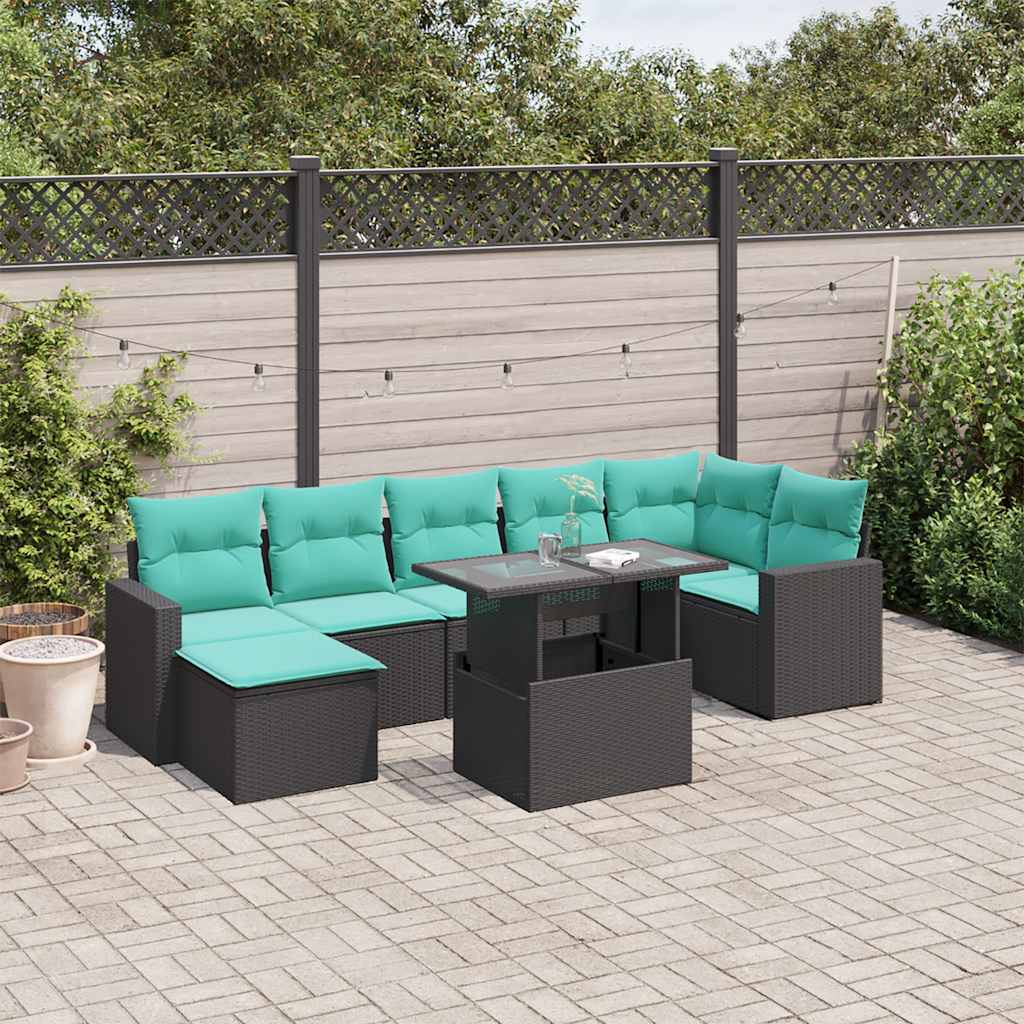 8-teiliges Gartensofa-Set mit Kissen, schwarzes Polyrattan