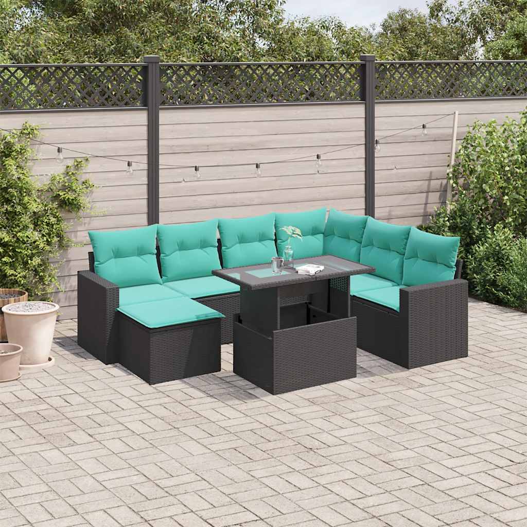 8-teiliges Gartensofa-Set mit Kissen, schwarzes Polyrattan