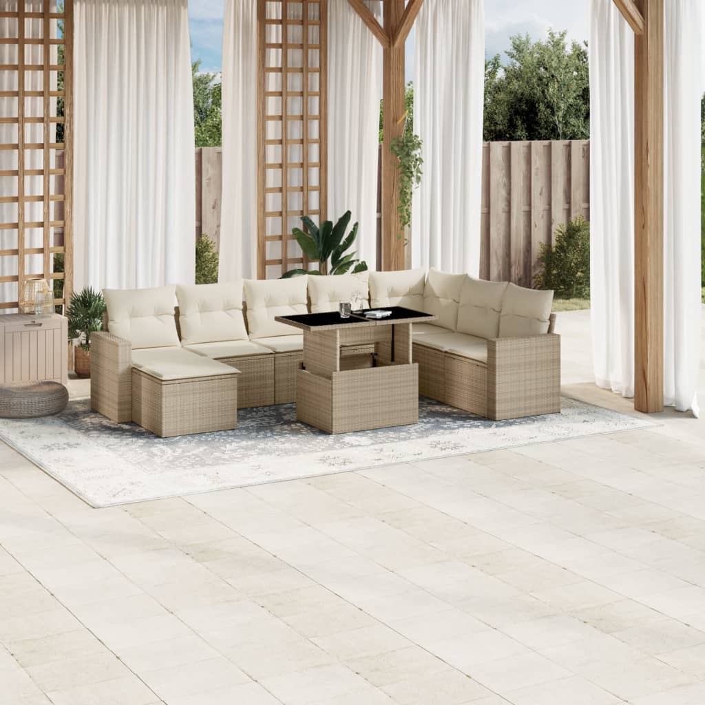 9-tlg. Garten-Sofagarnitur mit Kissen Beige Poly Rattan