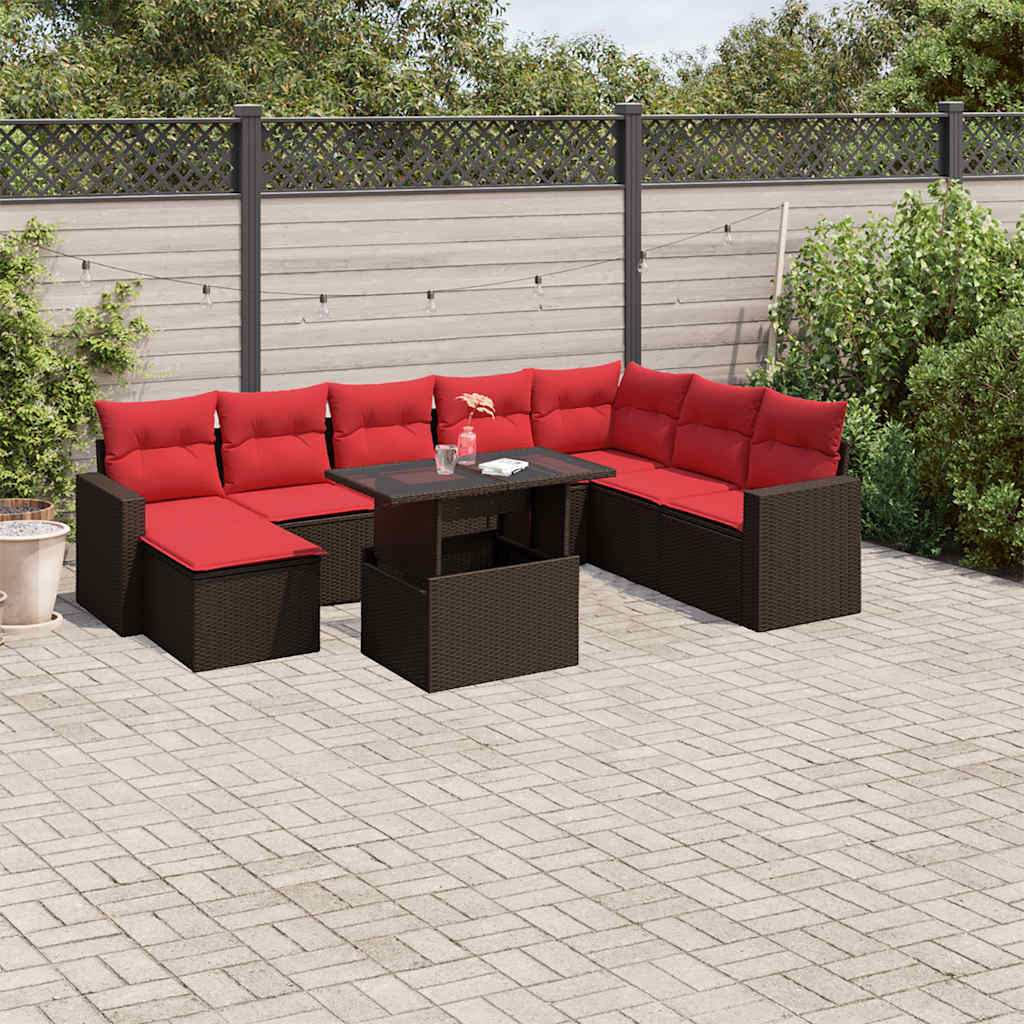 9-teiliges Gartensofa-Set mit Kissen, braun, Polyrattan