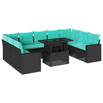 10-teiliges Gartensofa-Set mit Kissen, schwarzes Polyrattan