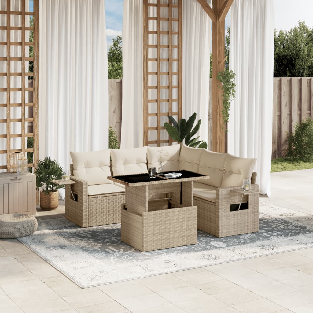 6-tlg. Garten-Sofagarnitur mit Kissen Beige Poly Rattan