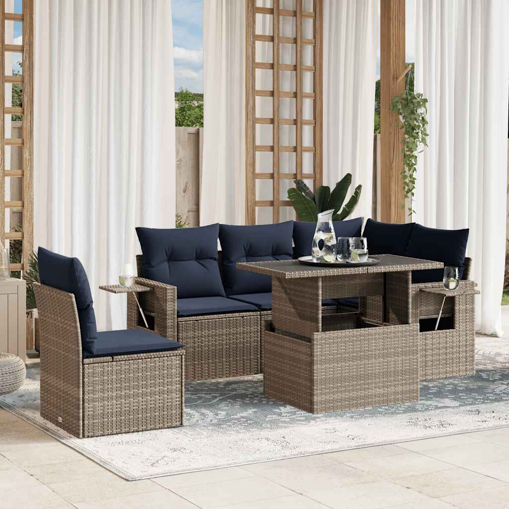 6-teiliges Gartensofa-Set mit Kissen, grau, Polyrattan