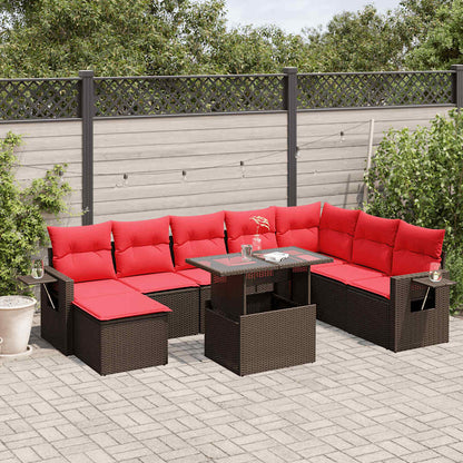 9-teiliges Gartensofa-Set mit Kissen, braun, Polyrattan