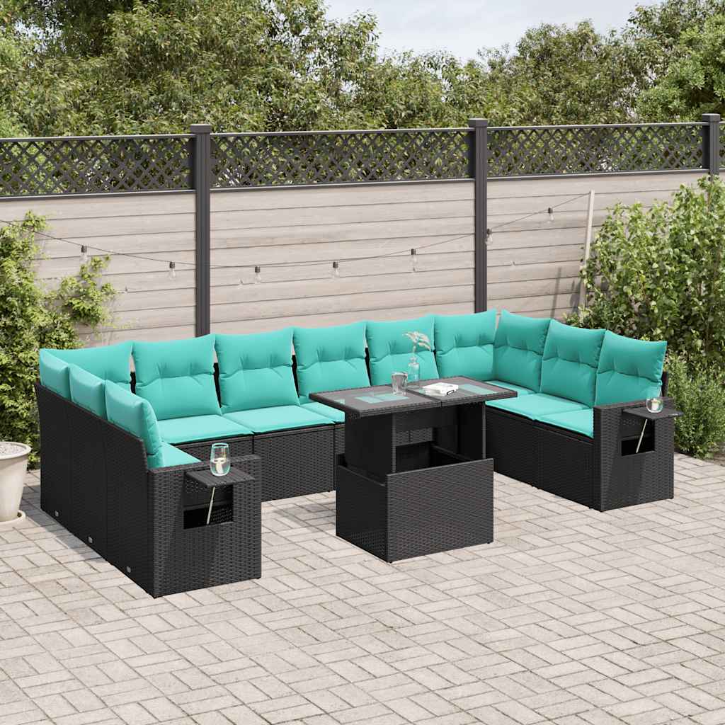 11-teiliges Gartensofa-Set mit Kissen, schwarzes Polyrattan