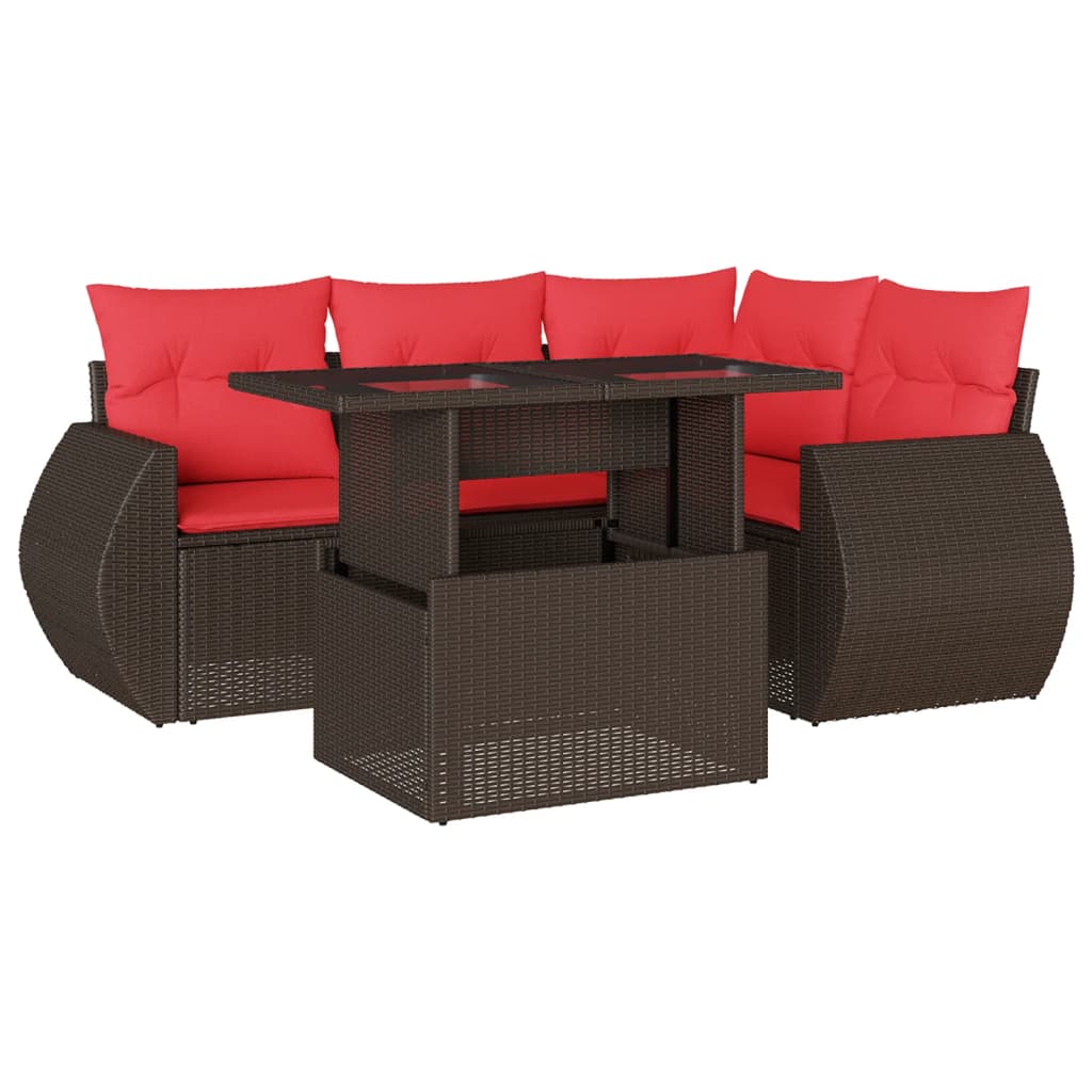 5-teiliges Gartensofa-Set mit Kissen, braun, Polyrattan