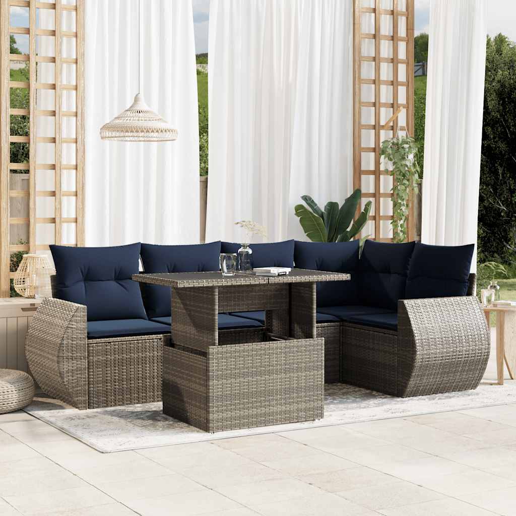 6-teiliges Gartensofa-Set mit Kissen, grau, Polyrattan