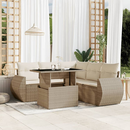 6-tlg. Garten-Sofagarnitur mit Kissen Beige Poly Rattan
