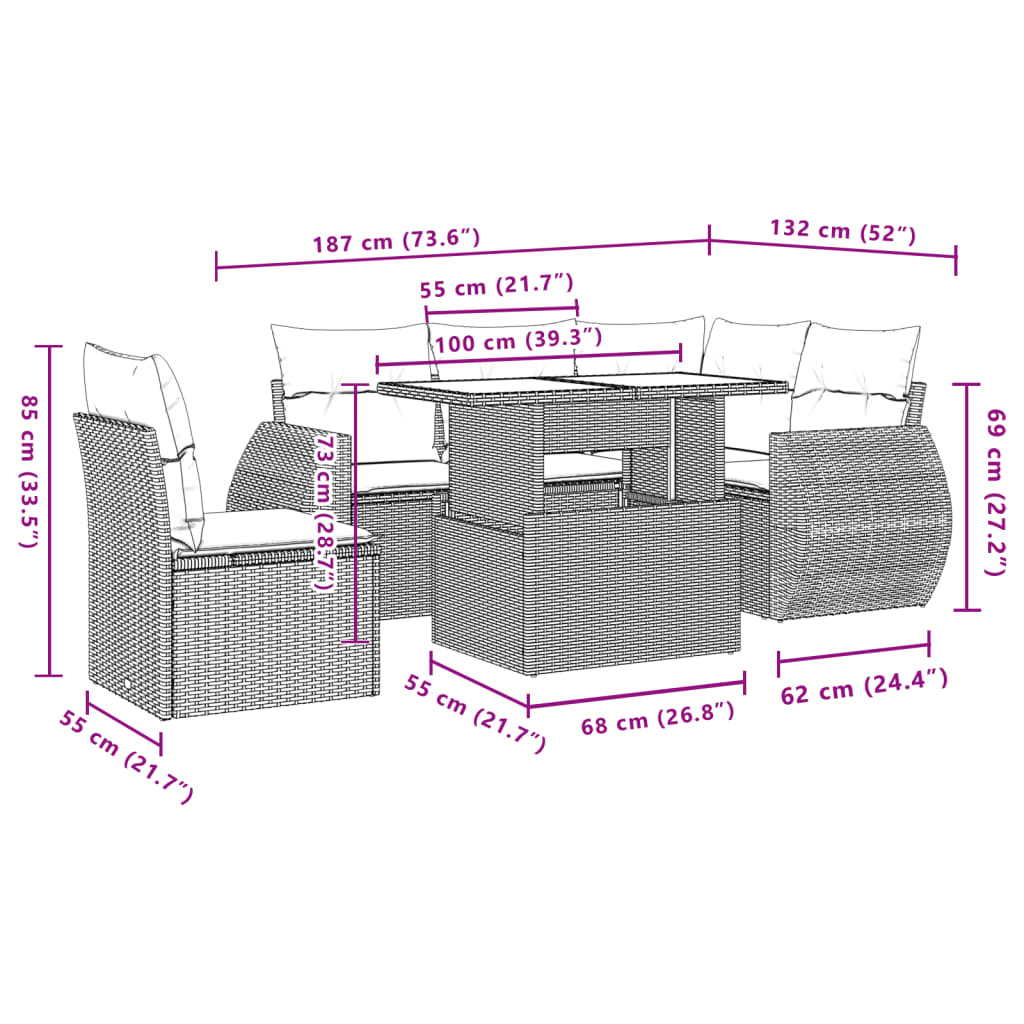 6-tlg. Garten-Sofagarnitur mit Kissen Schwarz Poly Rattan