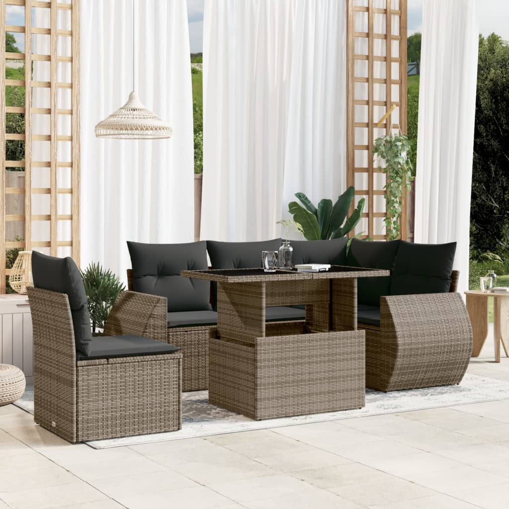 6-tlg. Garten-Sofagarnitur mit Kissen Grau Poly Rattan