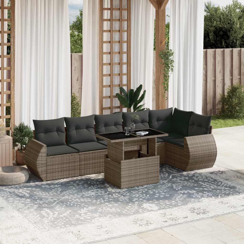 7-tlg. Garten-Sofagarnitur mit Kissen Grau Poly Rattan