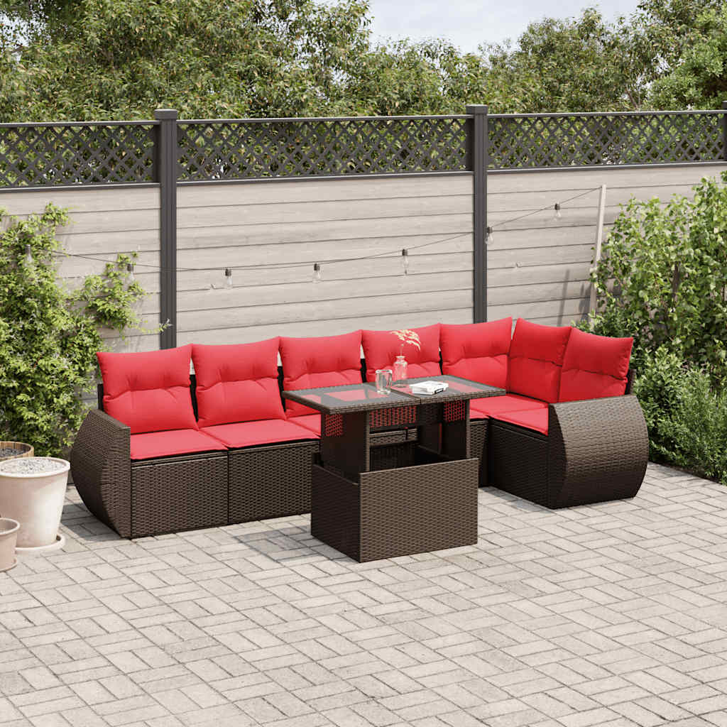 7-teiliges Gartensofa-Set mit Kissen, braun, Polyrattan