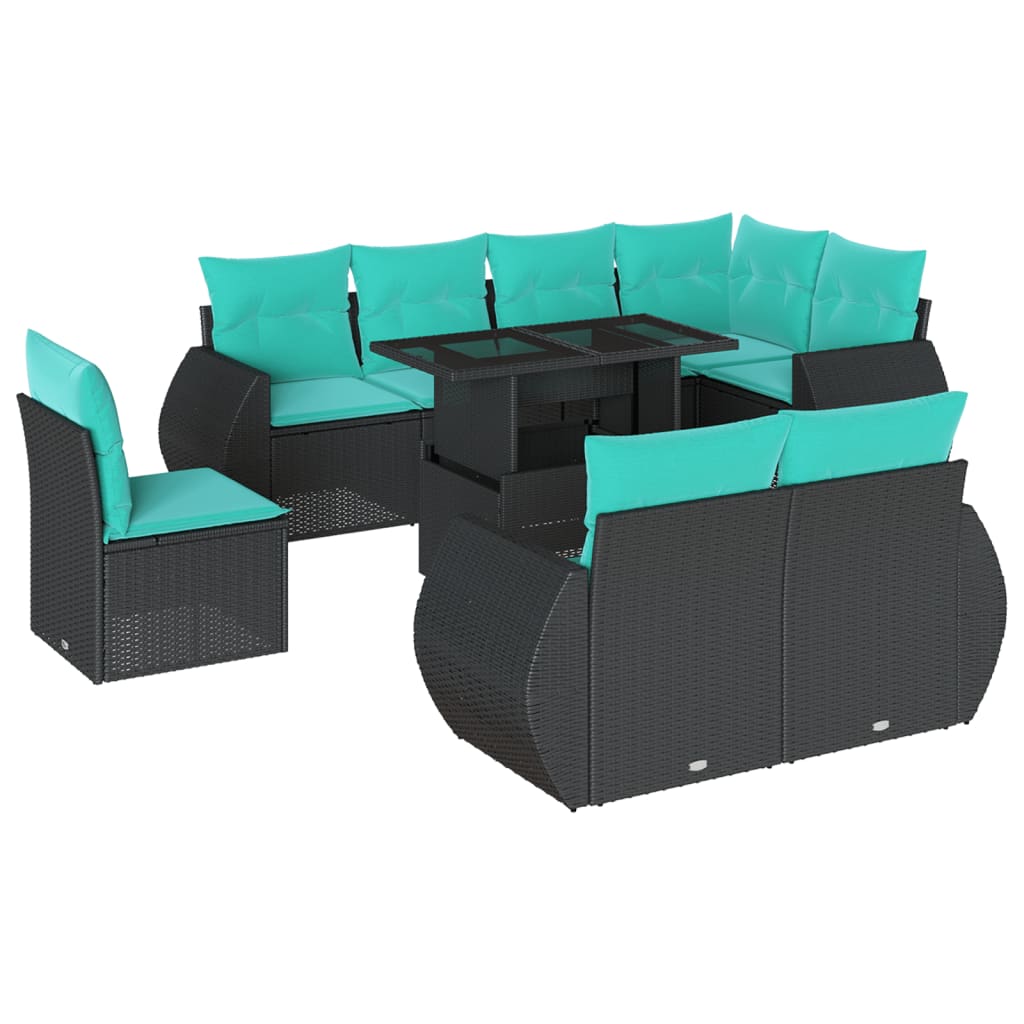 9-teiliges Gartensofa-Set mit Kissen, schwarzes Polyrattan