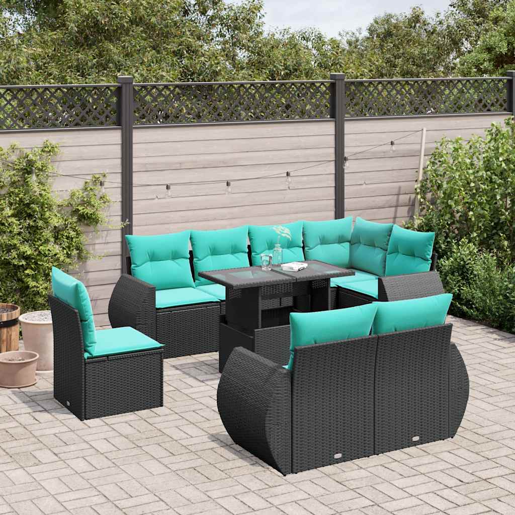 9-teiliges Gartensofa-Set mit Kissen, schwarzes Polyrattan