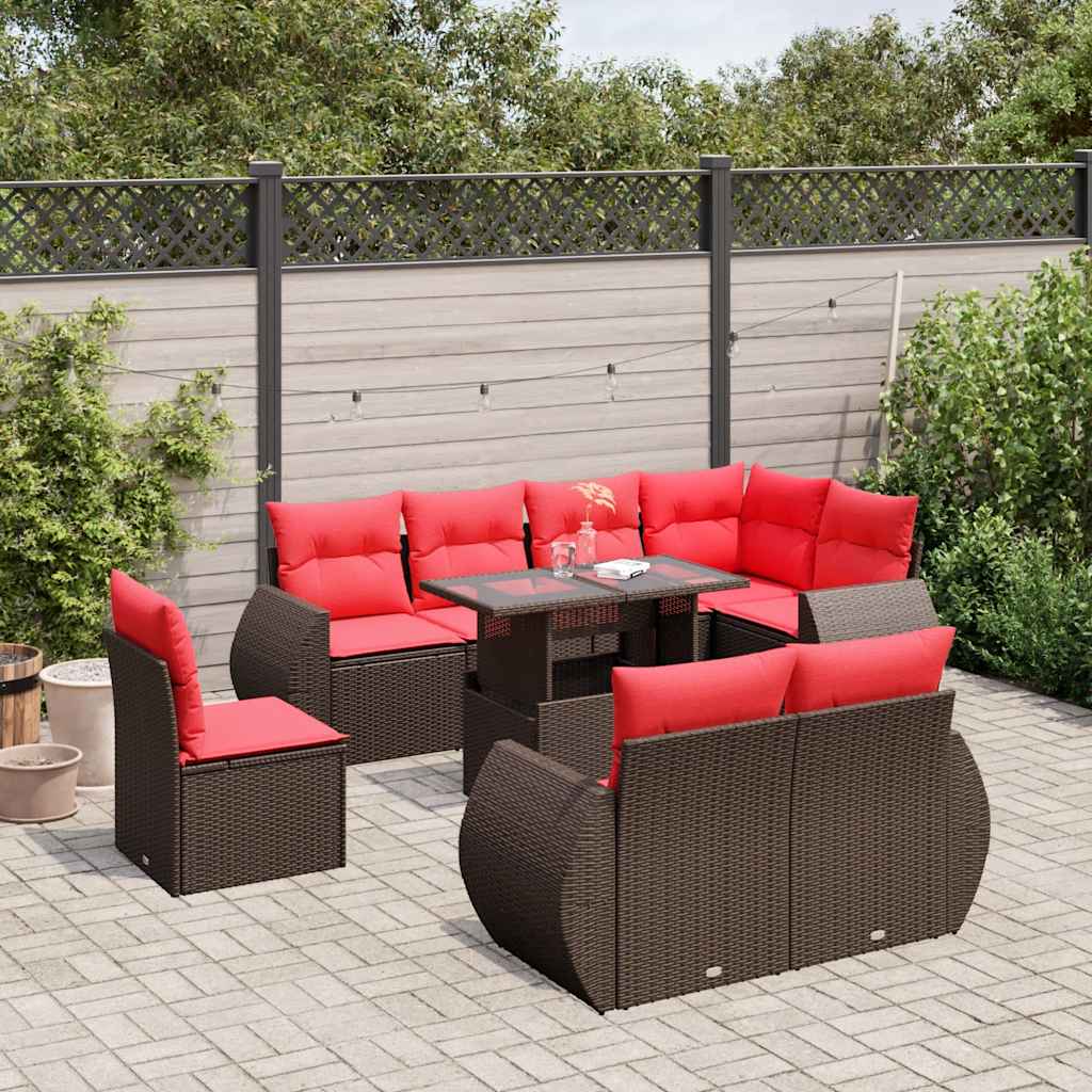 9-teiliges Gartensofa-Set mit Kissen, braun, Polyrattan