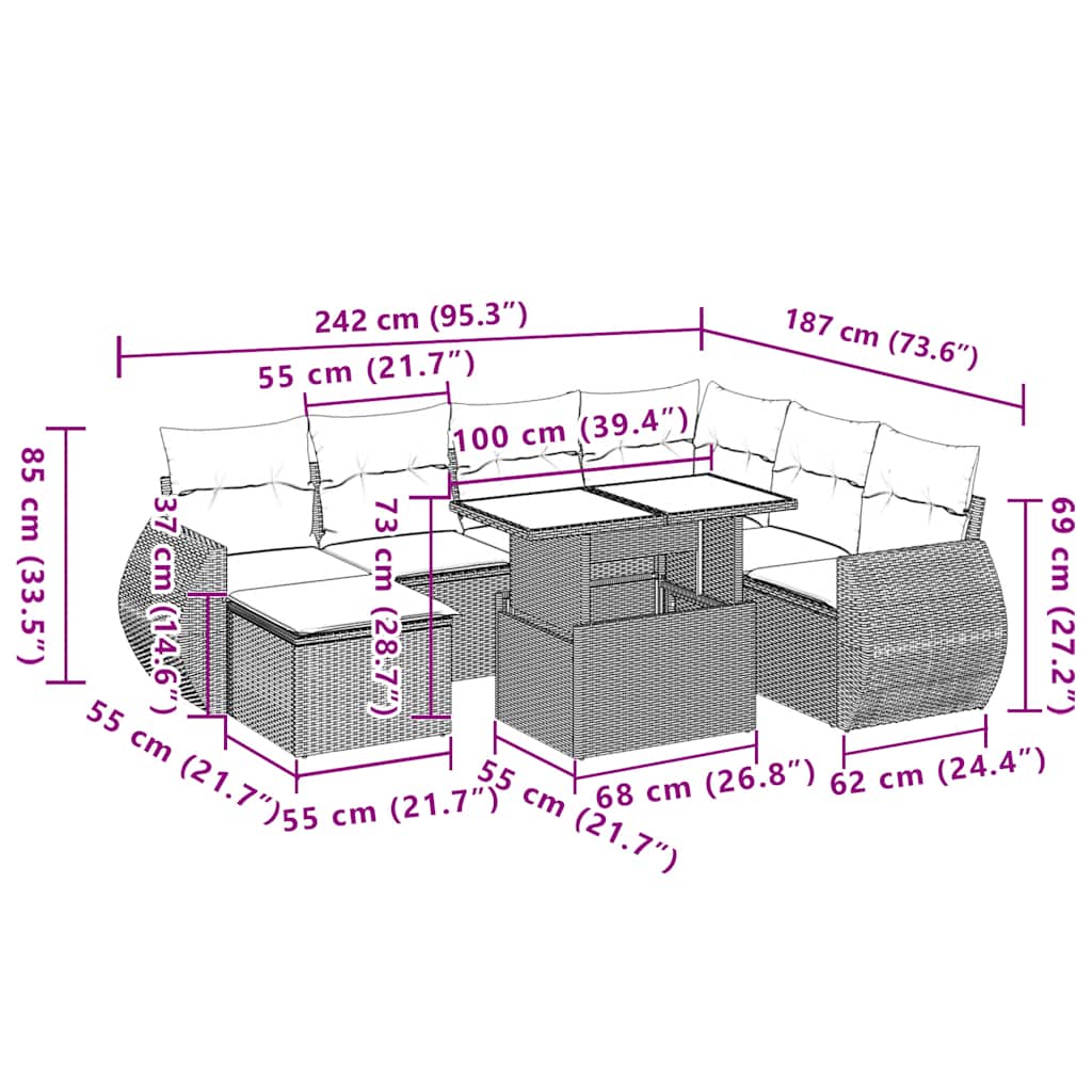 8-tlg. Garten-Sofagarnitur mit Kissen Beige Poly Rattan