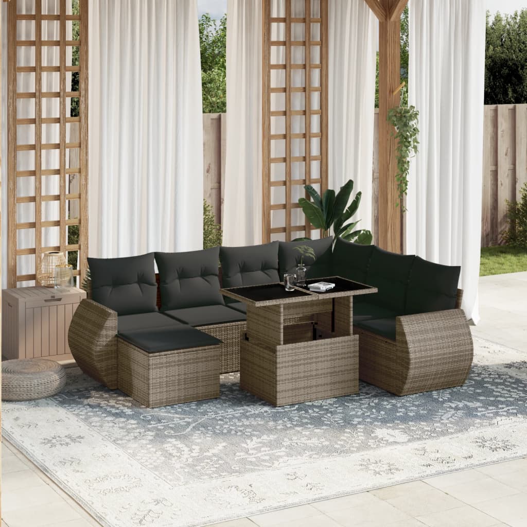 8-tlg. Garten-Sofagarnitur mit Kissen Grau Poly Rattan