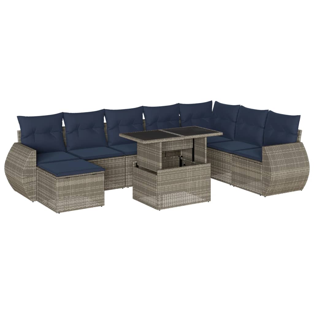 9-teiliges Gartensofa-Set mit Kissen, grau, Polyrattan