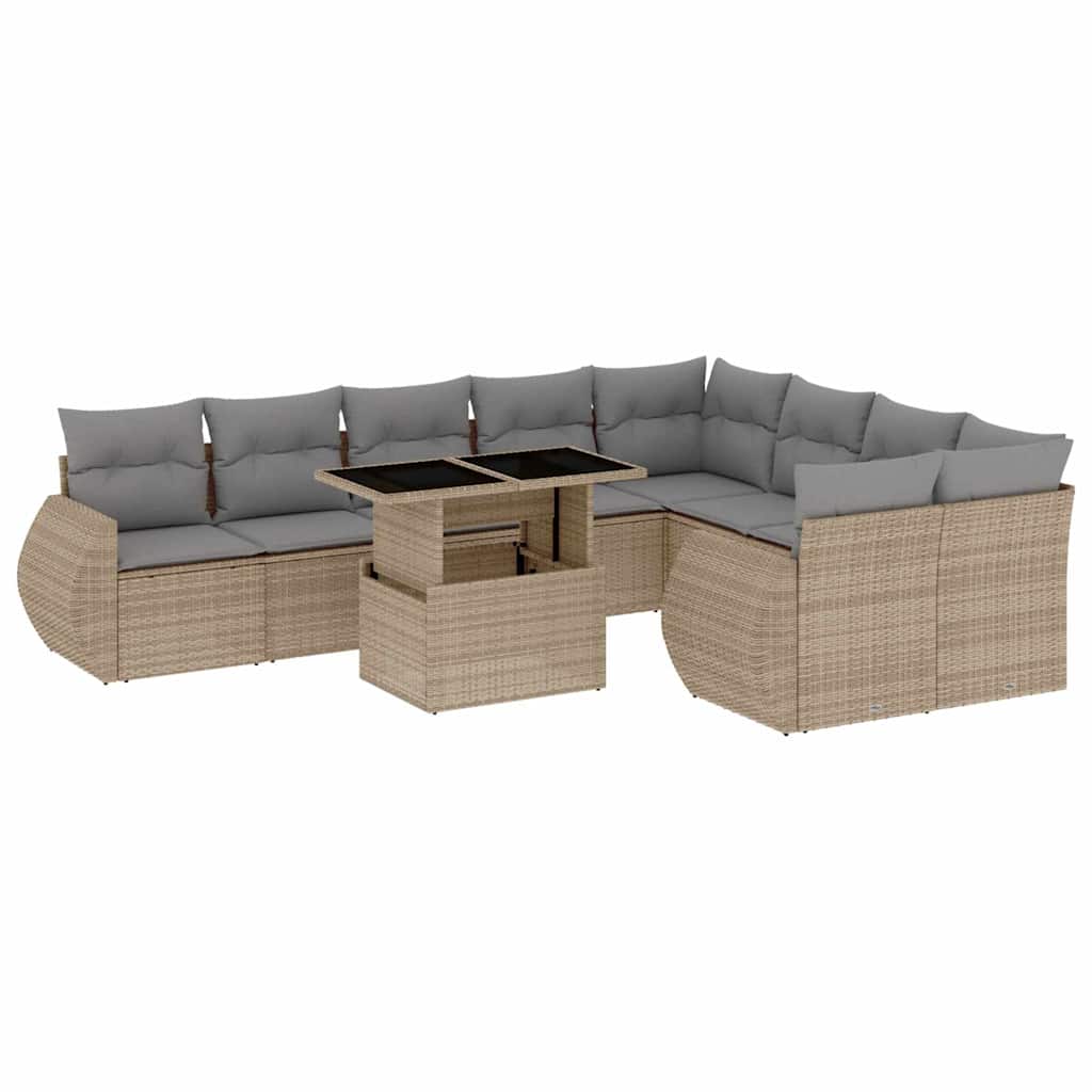 10-tlg. Garten-Sofagarnitur mit Kissen Beige Poly Rattan
