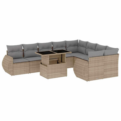 10-tlg. Garten-Sofagarnitur mit Kissen Beige Poly Rattan