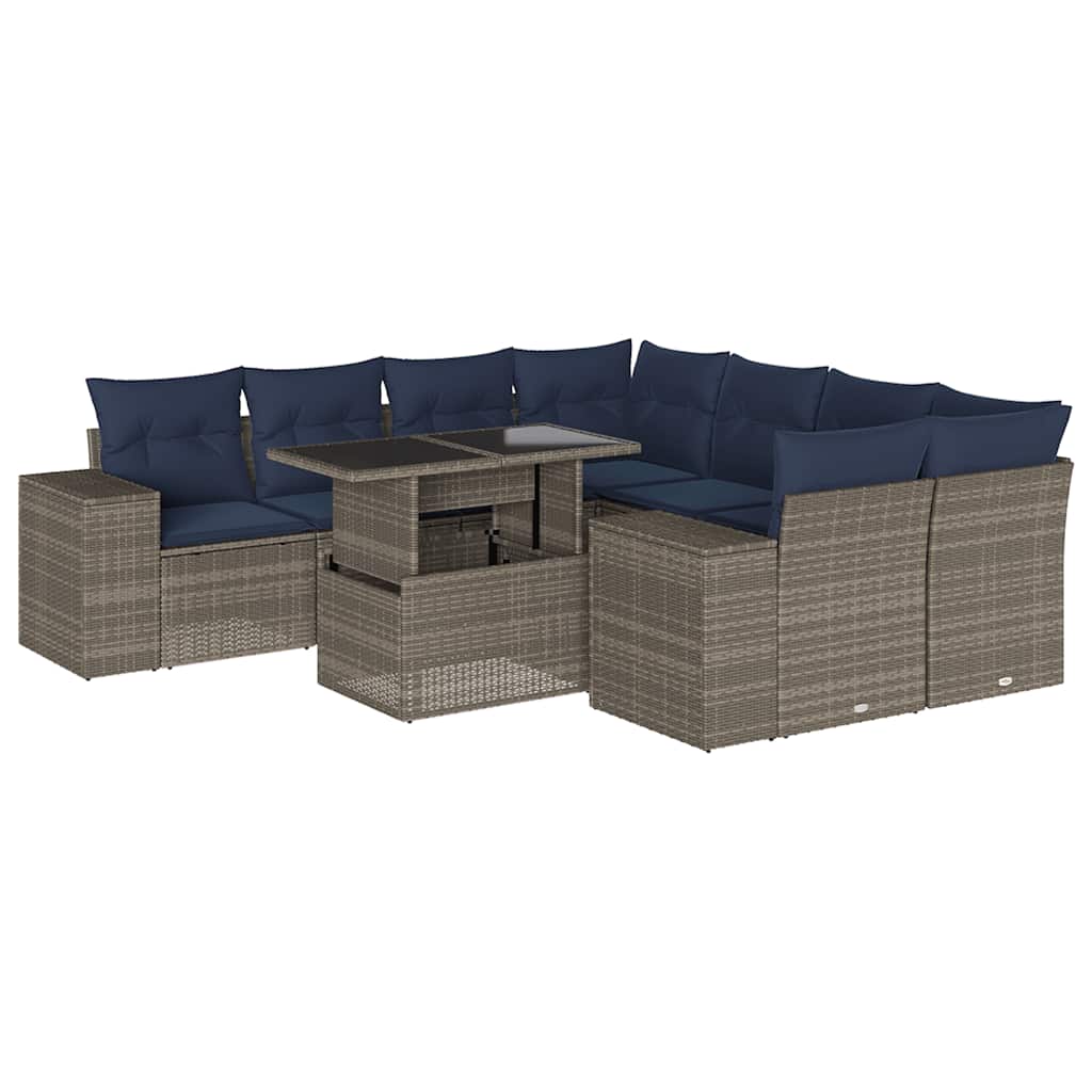 9-teiliges Gartensofa-Set mit Kissen, grau, Polyrattan