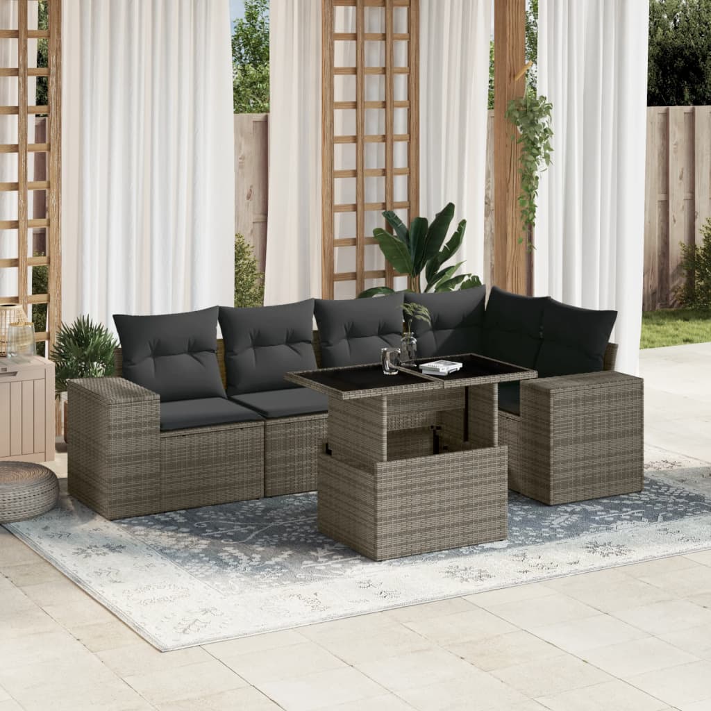 6-tlg. Garten-Sofagarnitur mit Kissen Grau Poly Rattan