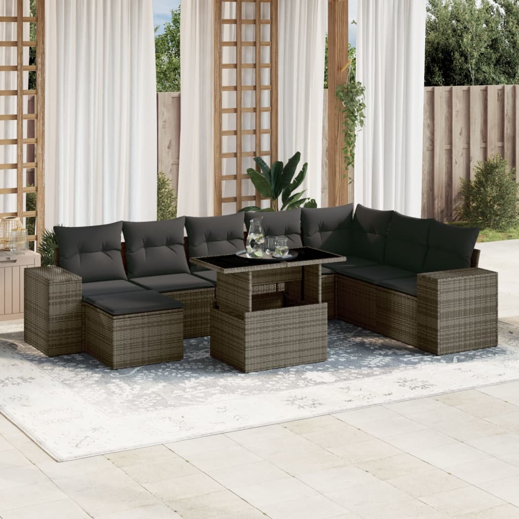 9-tlg. Garten-Sofagarnitur mit Kissen Grau Poly Rattan