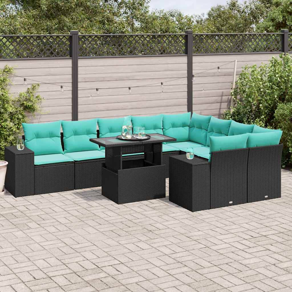 10-teiliges Gartensofa-Set mit Kissen, schwarzes Polyrattan