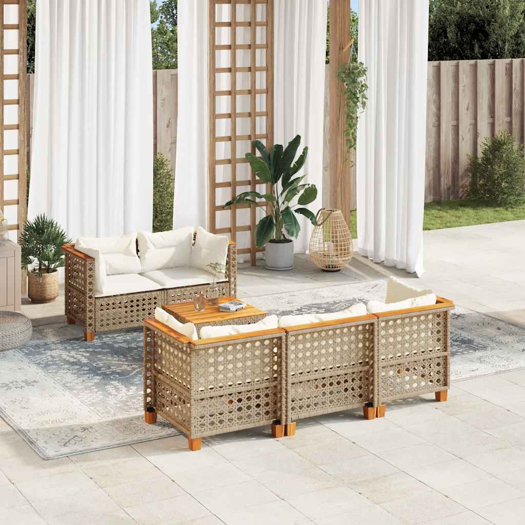 6-tlg. Garten-Sofagarnitur mit Kissen Beige Poly Rattan