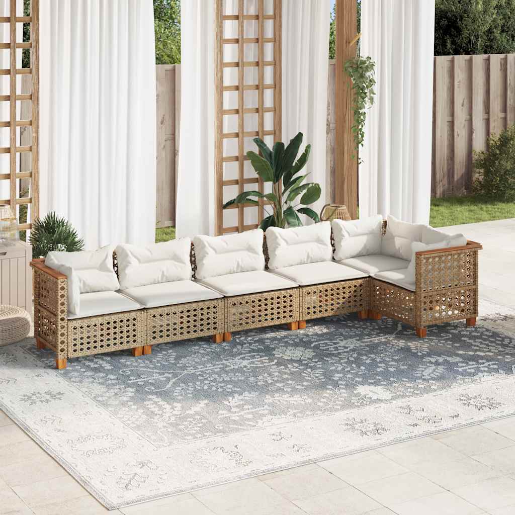 6-tlg. Garten-Sofagarnitur mit Kissen Beige Poly Rattan