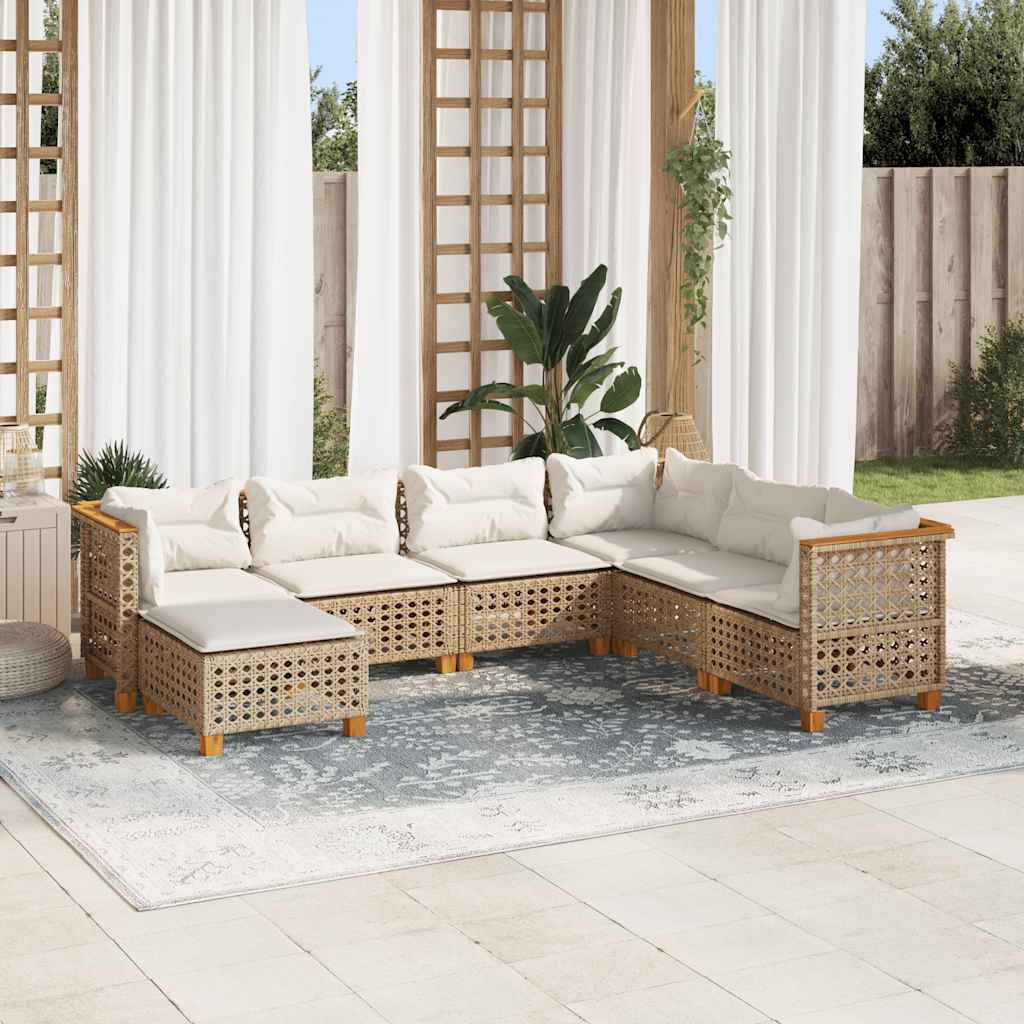 7-tlg. Garten-Sofagarnitur mit Kissen Beige Poly Rattan