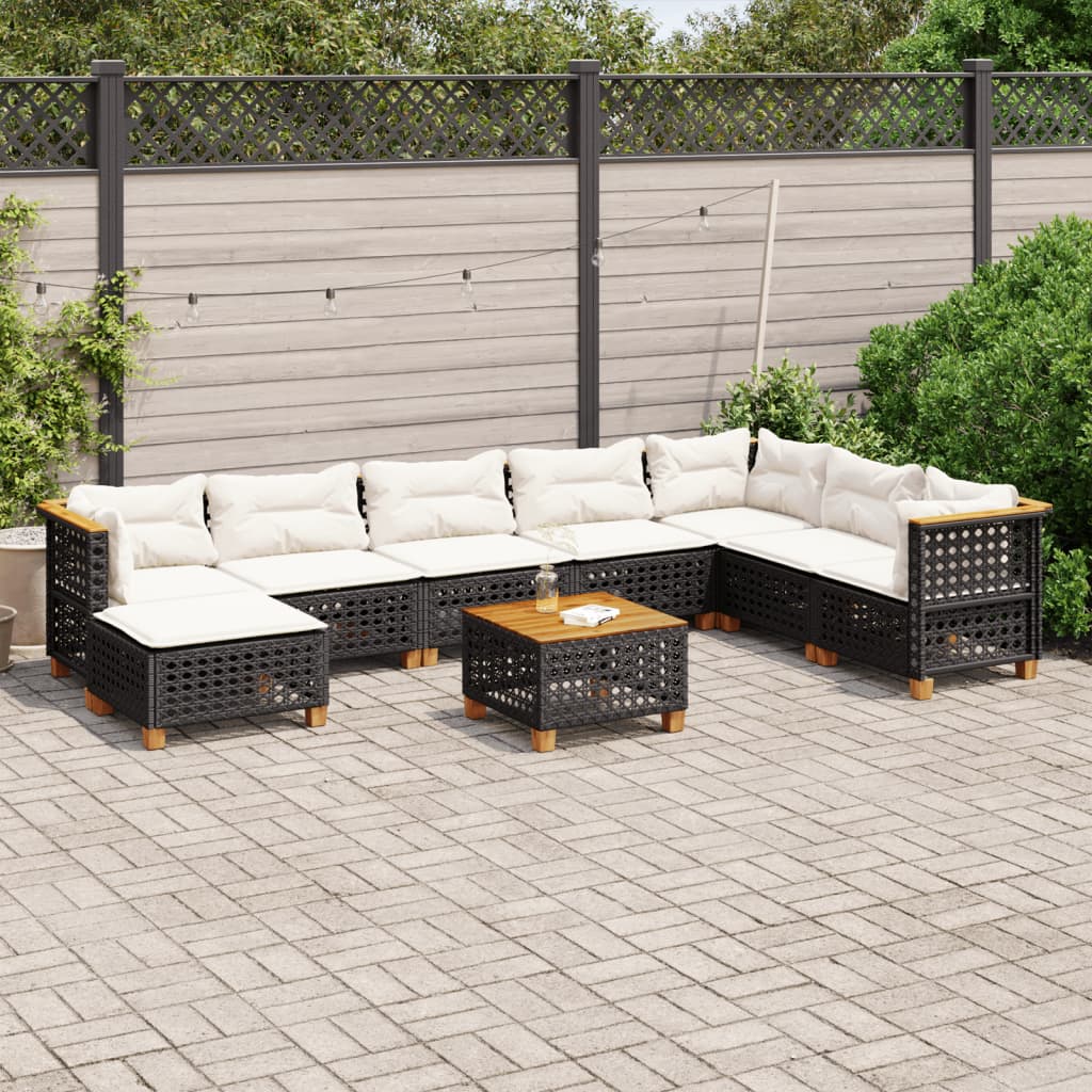 9-tlg. Garten-Sofagarnitur mit Kissen Schwarz Poly Rattan