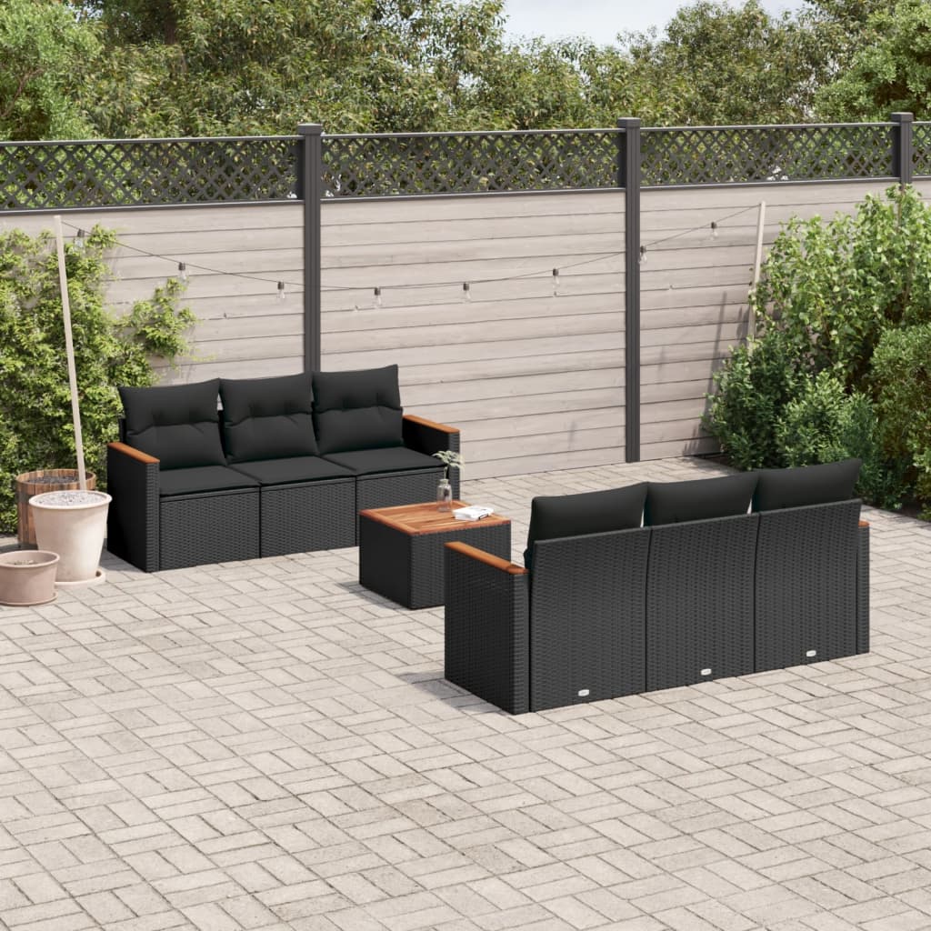 7-tlg. Garten-Sofagarnitur mit Kissen Schwarz Poly Rattan