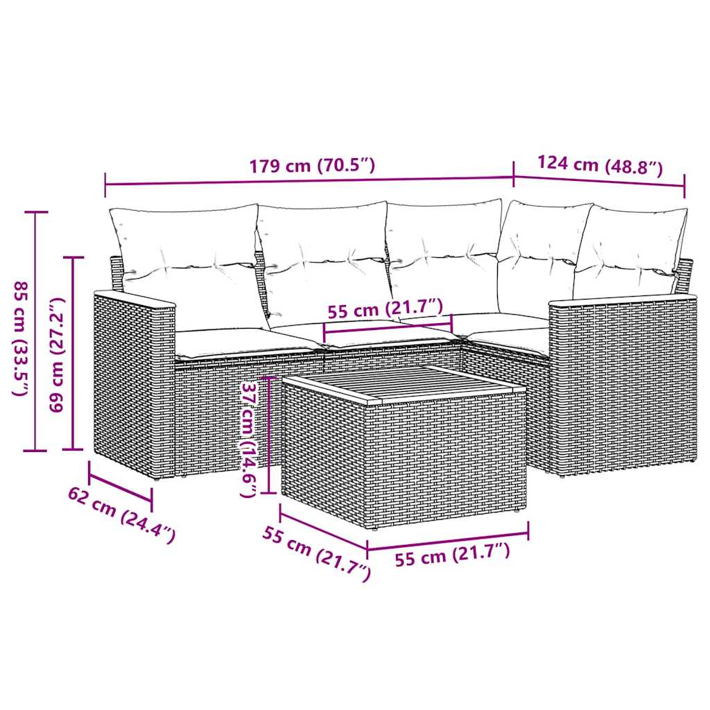 5-tlg. Garten-Sofagarnitur mit Kissen Schwarz Poly Rattan