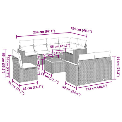 9-tlg. Garten-Sofagarnitur mit Kissen Schwarz Poly Rattan