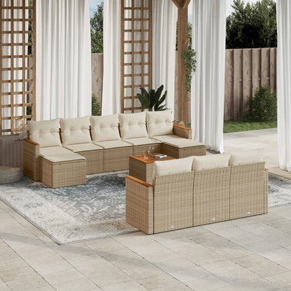 11-tlg. Garten-Sofagarnitur mit Kissen Beige Poly Rattan
