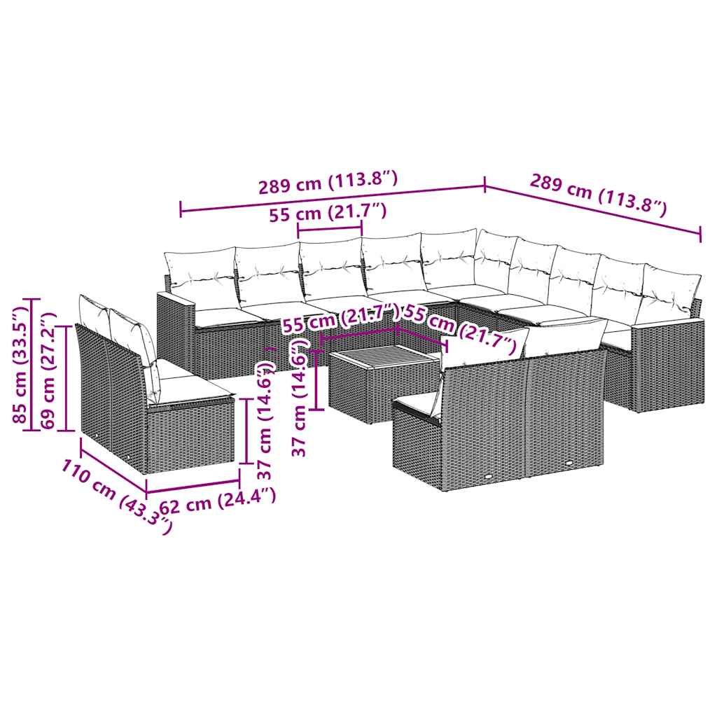 14-tlg. Garten-Sofagarnitur mit Kissen Schwarz Poly Rattan