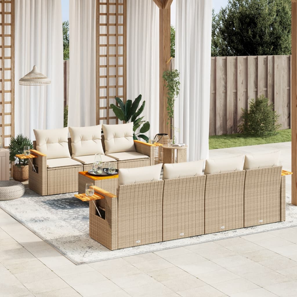 8-tlg. Garten-Sofagarnitur mit Kissen Beige Poly Rattan