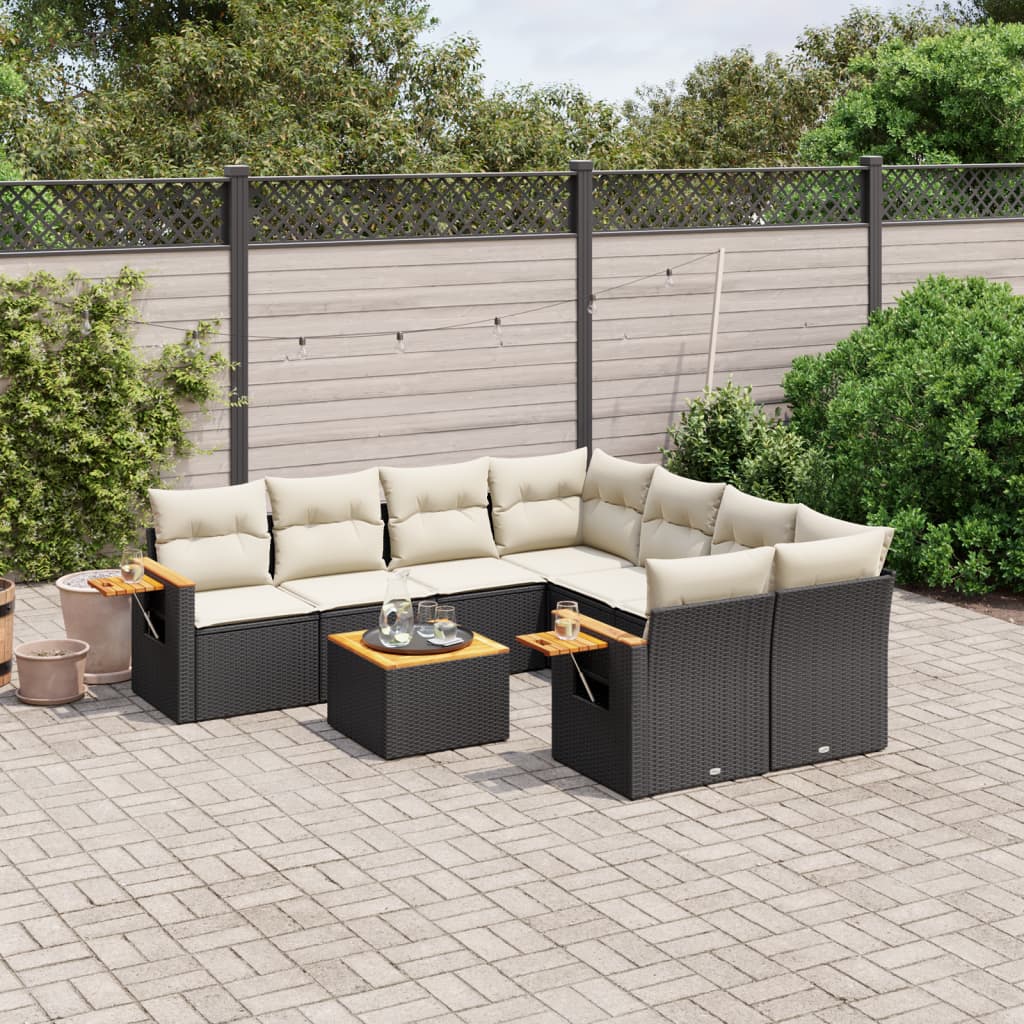 9-tlg. Garten-Sofagarnitur mit Kissen Schwarz Poly Rattan