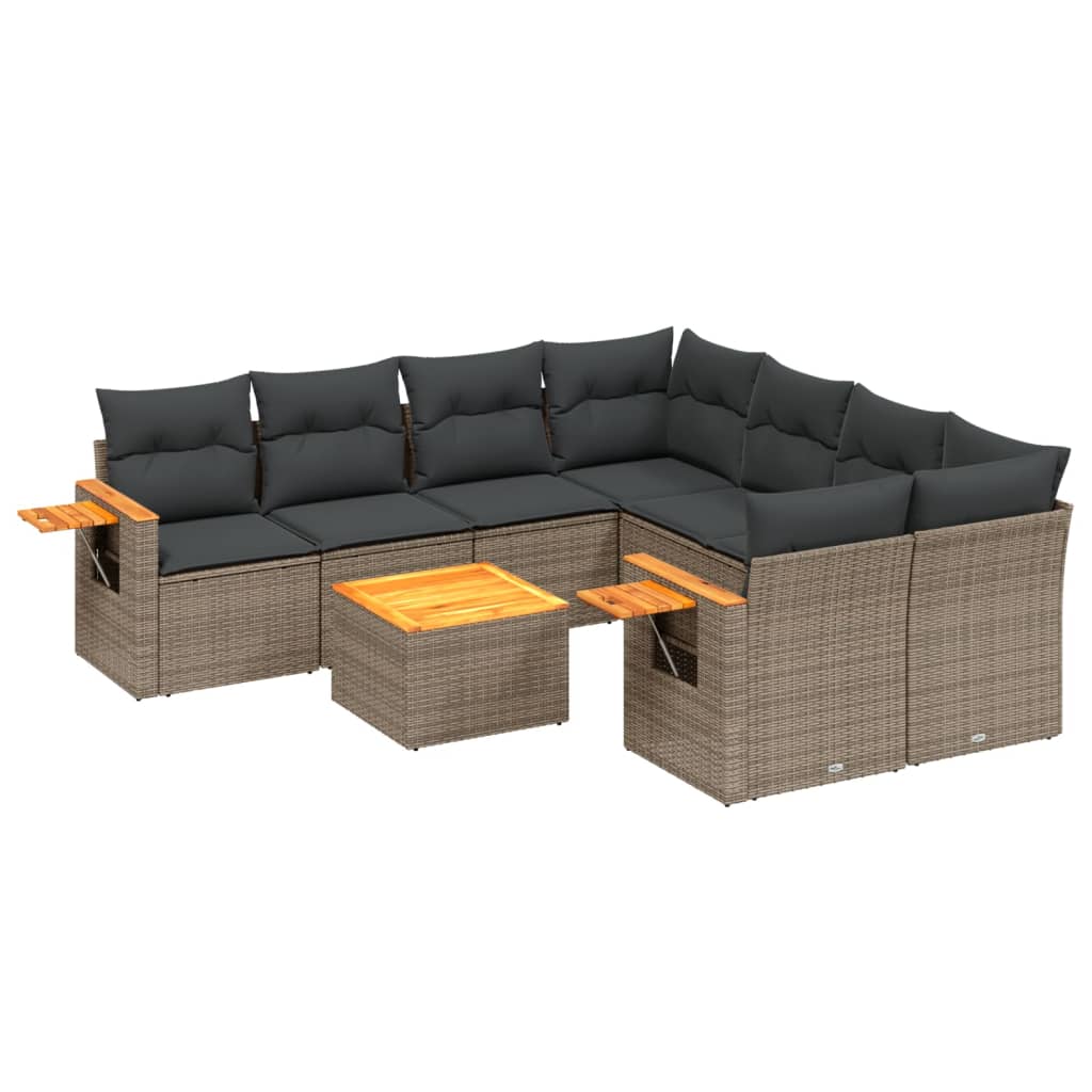 9-tlg. Garten-Sofagarnitur mit Kissen Grau Poly Rattan