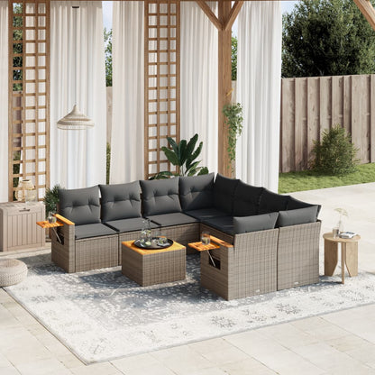 9-tlg. Garten-Sofagarnitur mit Kissen Grau Poly Rattan