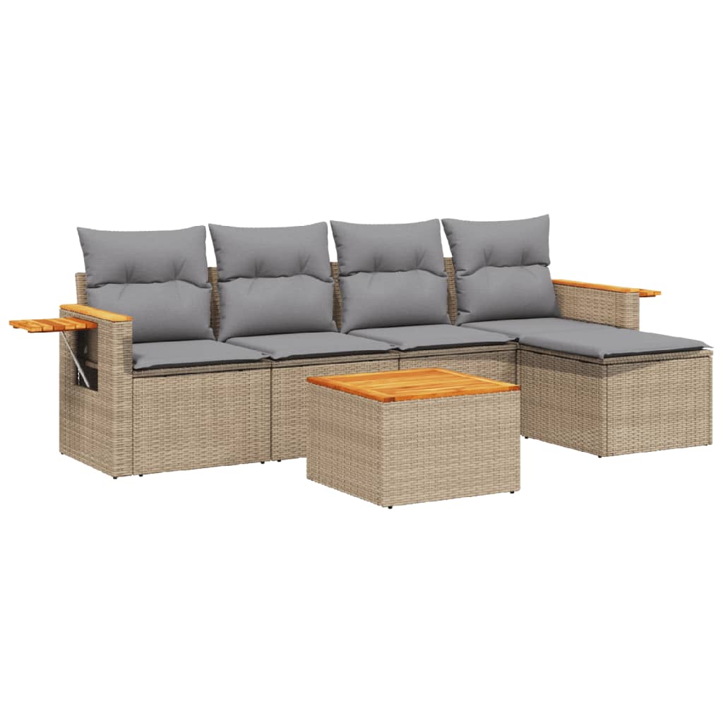 6-tlg. Garten-Sofagarnitur mit Kissen Beige Poly Rattan