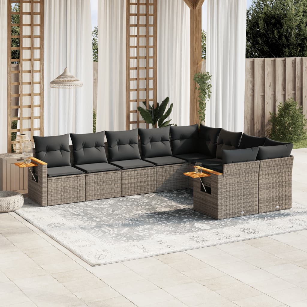 9-tlg. Garten-Sofagarnitur mit Kissen Grau Poly Rattan