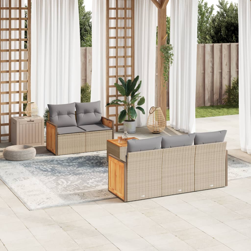 6-tlg. Garten-Sofagarnitur mit Kissen Beige Poly Rattan