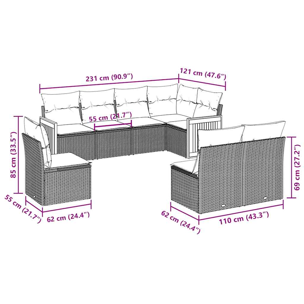 8-tlg. Garten-Sofagarnitur mit Kissen Schwarz Poly Rattan